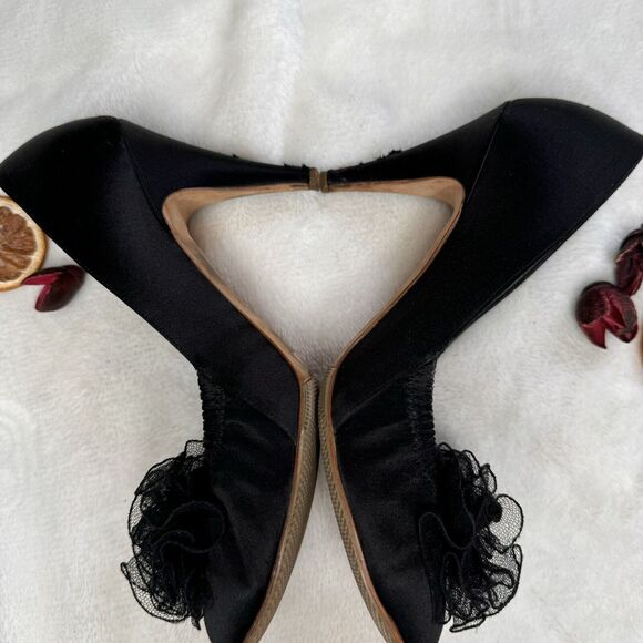 Chanel Shoes Vintage Satin CC Tulle Rosette 80s Cocktail Party Pumps 36 Black - Picture 7 of 13